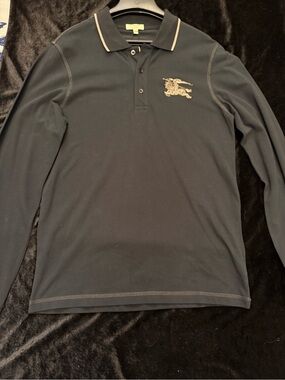 Burberry Black Long-Sleeve Polo with Beige Trim and Embroidered Knight